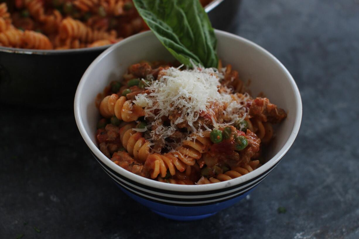 Fusilli With Italian Sausage, Peas and Creamy Tomato Sauce