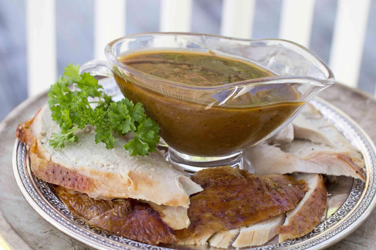 The gravy can be mostly prepared ahead, then quickly finished by adding all the yummy drippings and browned bits from the bottom of the roasting pan and heating.