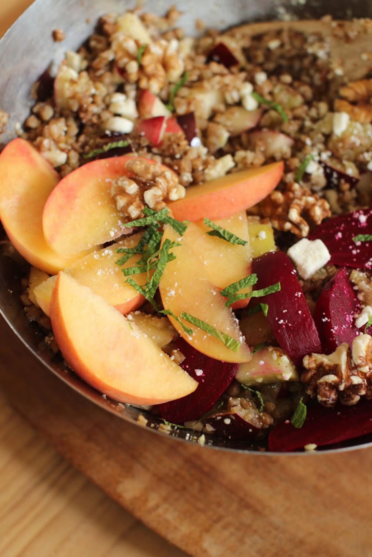 Kasha salad with beets, stone fruit, walnuts and mint