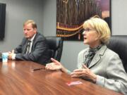 County commissioner candidates Craig Pridemore, left, and Jeanne Stewart meet with The Columbian editorial board on Wednesday in Vancouver.