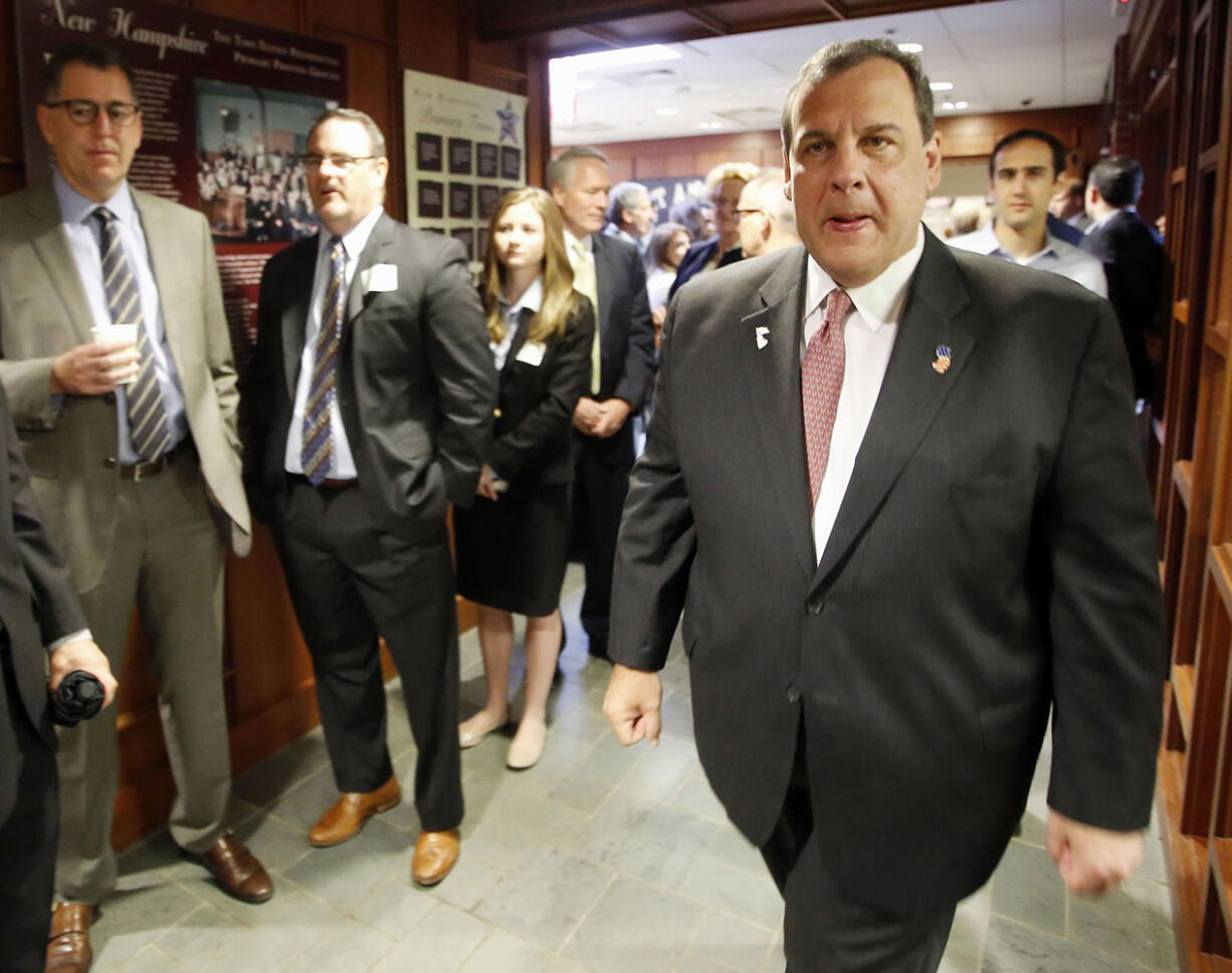 New Jersey Gov. Chris Christie arrives to speak at the Politics and Eggs breakfast meeting at the New Hampshire Institute of Politics at Saint Anselm College on Tuesdayin Manchester, N.H.