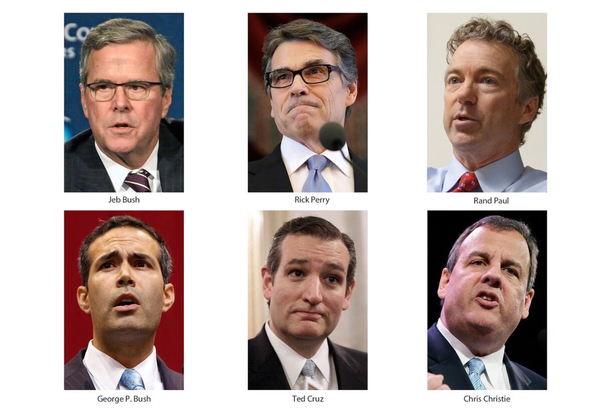 This combo of 2015 file photos, from top left clockwise, shows former Florida Gov. Jeb Bush, former Texas Gov. Rick Perry, Kentucky Sen. Rand Paul, New Jersey Gov. Chris Christie, Texas Sen. Ted Cruz and Texas Land Commissioner George P. Bush, bottom right. Texas doesn?t open the voting in presidential campaigns like Iowa and New Hampshire do, but the 2016 Republican race already feels well underway in America?s largest conservative state. Texas? plan to hold its 2016 primary on March 1 means that only the traditional two early voting states, along with South Carolina and Nevada, would predate it.