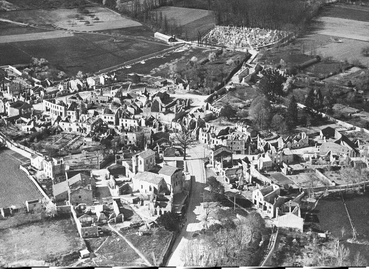 An aerial view of the destroyed Oradour-sur-Glane, in France in 1953. A German court on Tuesday Dec.