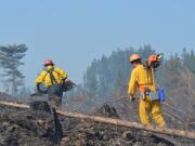 Timber fallers contracted with the state Department of Natural Resources assist with tree falling at a fire near Dougan Falls Tuesday morning.