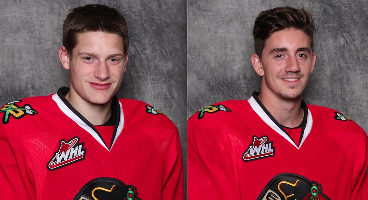 Winterhawks goalie Adin Hill, left, stopped 21 shots Sunday in Portland's 3-0 shutout of the Seattle Thunderbirds in game 2 of the Western Hockey League playoff series.