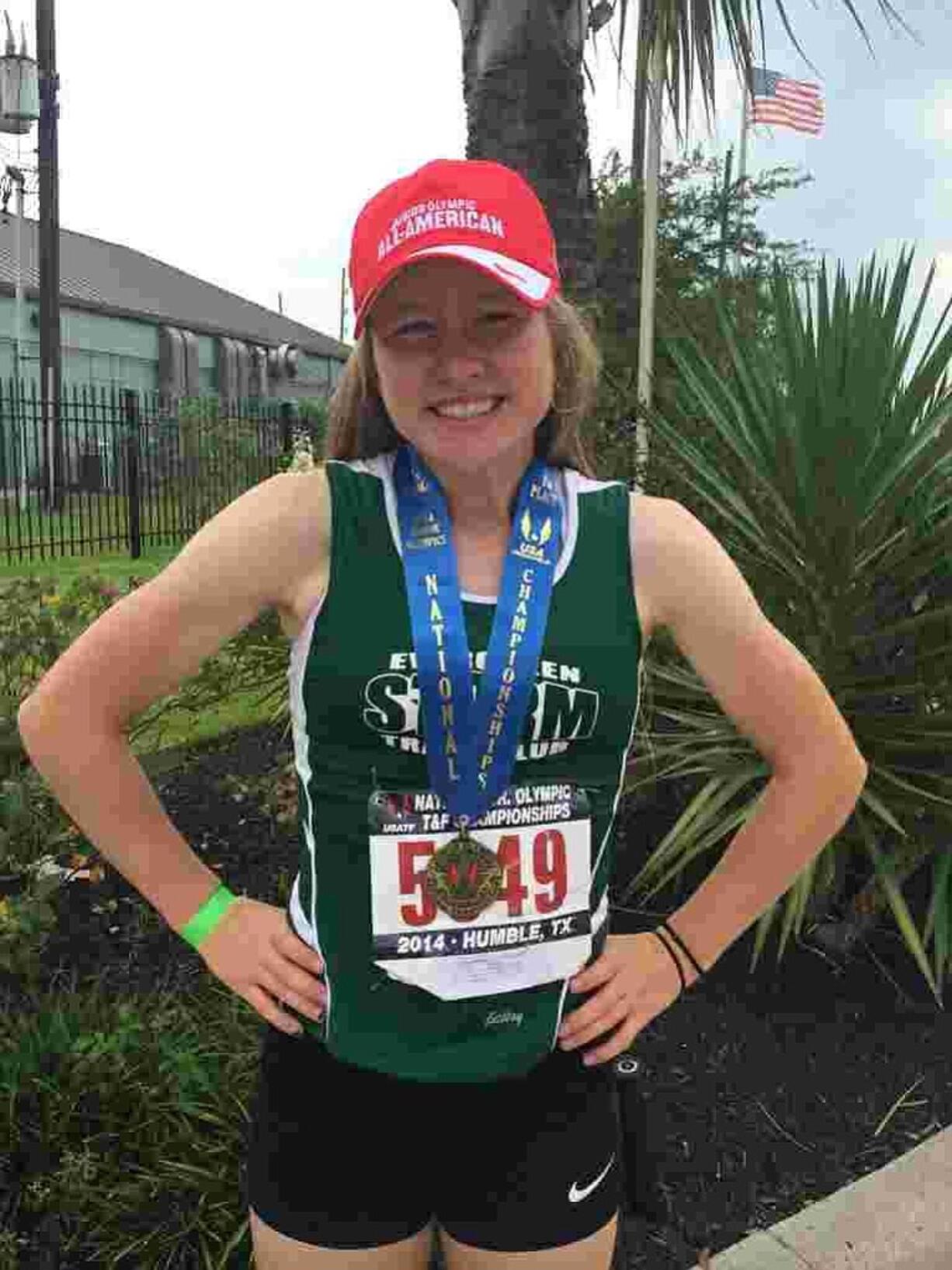 Evergreen Storm Track Club runner Savanna Craig won the  2,000 meter steeplechase for girls 15-16 Thursday at the USATF National Junior Olympics Championships in Houston.