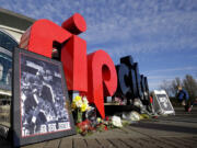 A makeshift memorial for former Portland Trail Blazer player Jerome Kersey is shown outside the Moda Center in Portland on Sunday, Feb. 22, 2015. Kersey, who was part of the Trail Blazers staff, passed away suddenly earlier this week at the age of 52.