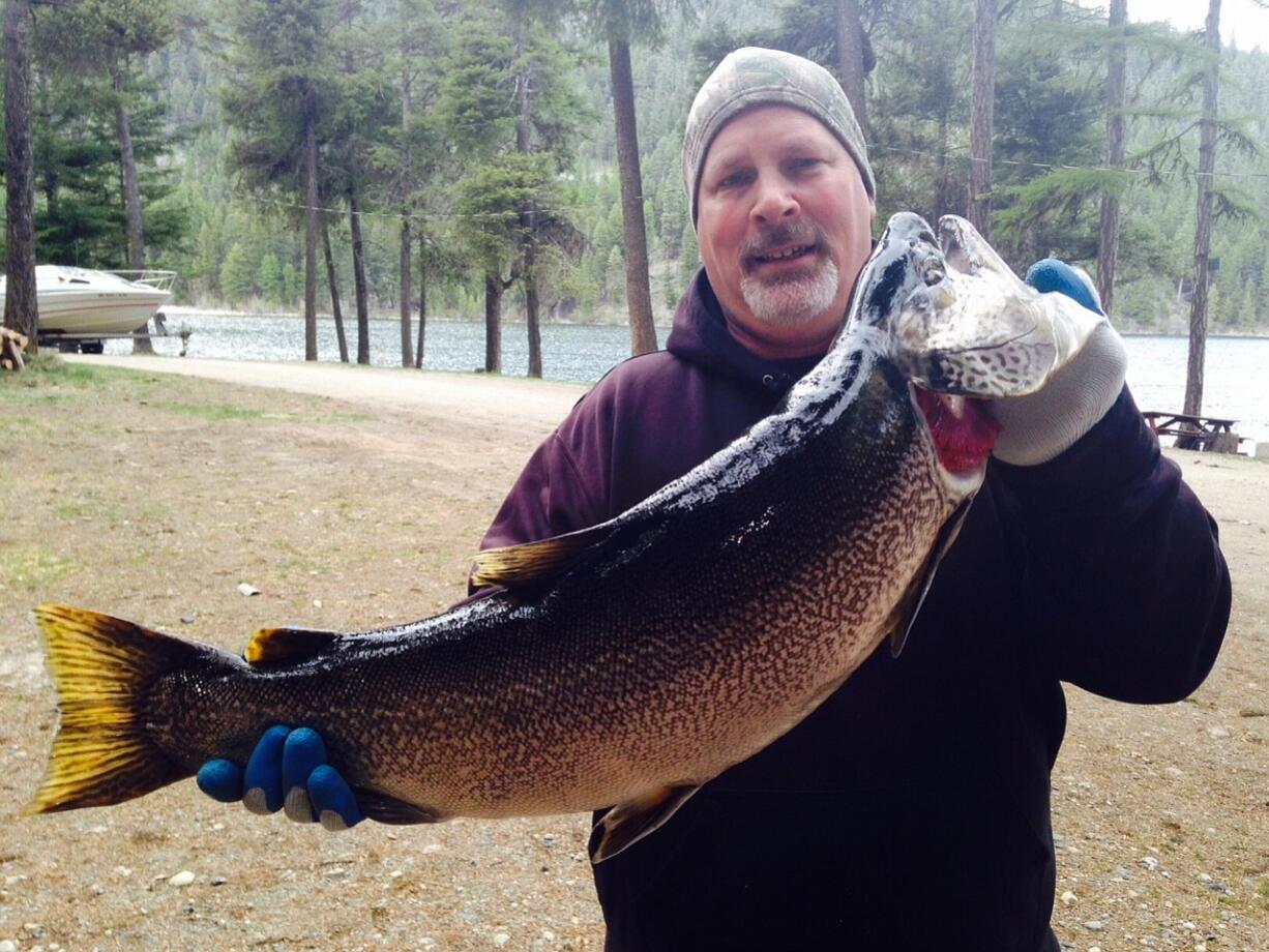 Kelly Flaherty and his 18.49-pound tiger trout from Bonaparte Lake.