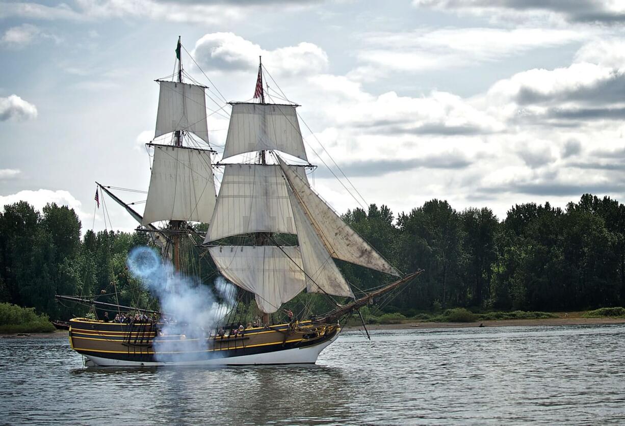 Two tall ships, the Lady Washington and the Hawaiian Chieftain, perform a mock battle on the Columbia River west of the Railroad Bridge on Saturday May 25, 2013.(Zachary Kaufman/The Columbian)