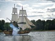 Two tall ships, the Lady Washington and the Hawaiian Chieftain, perform a mock battle on the Columbia River west of the Railroad Bridge on Saturday May 25, 2013.(Zachary Kaufman/The Columbian)