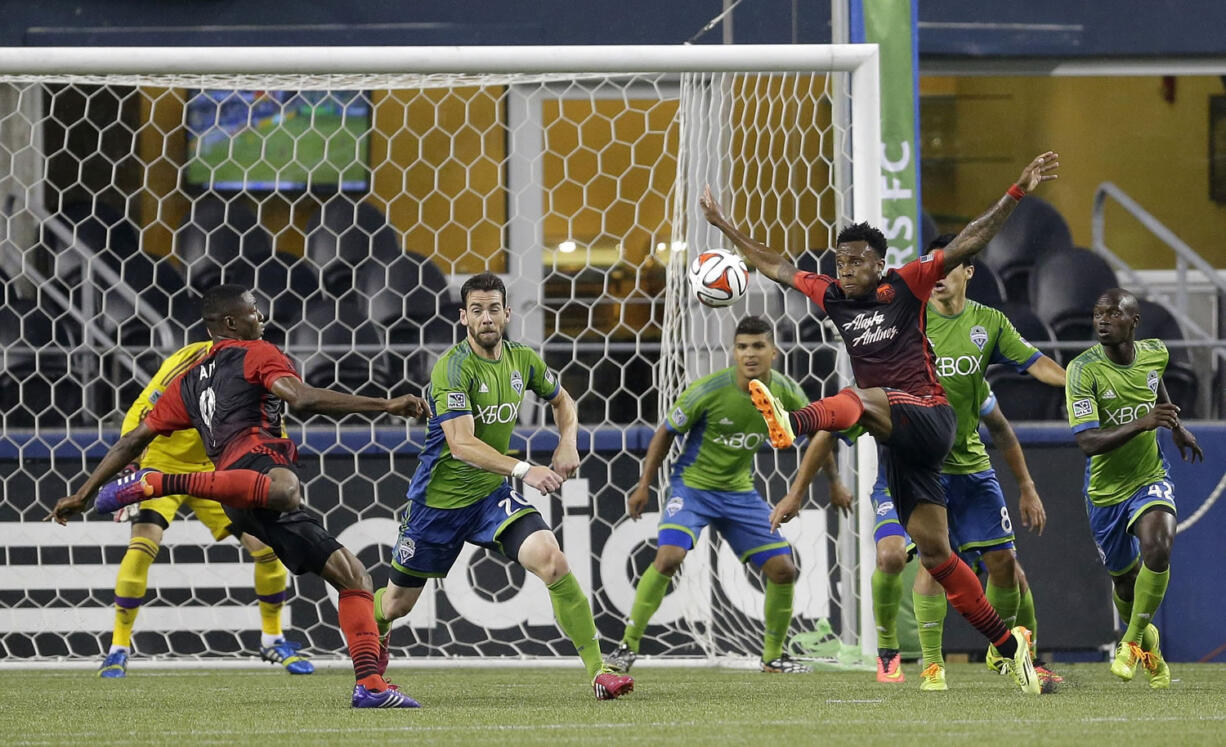 The Portland Timbers play the Seattle Sounders in a Major League Soccer match in 2014 at CenturyLink Stadium in Seattle.