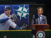 Jamie Moyer speaks at Safeco Field on Friday, Aug. 7, 2015, in Seattle, during a luncheon to celebrate his upcoming induction to the Mariners Hall of Fame, scheduled for Saturday. (Ellen M.