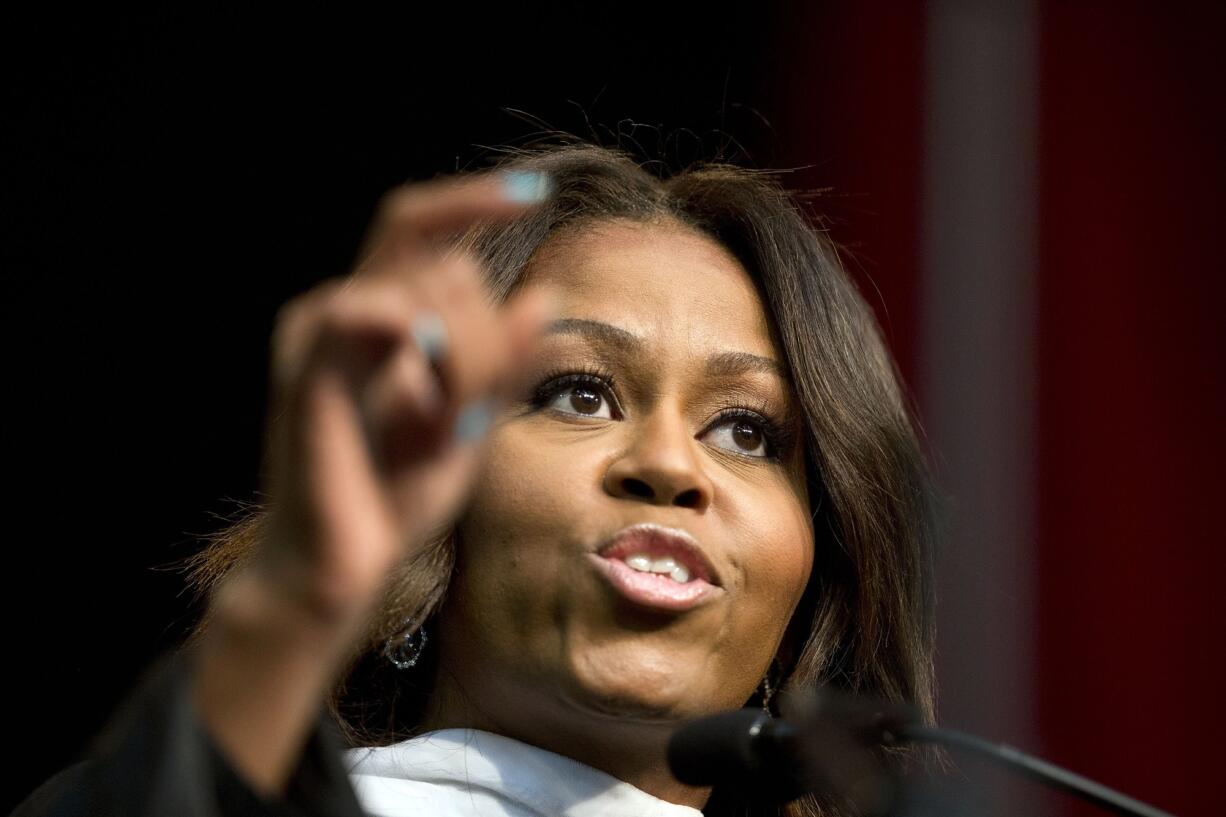 First lady Michelle Obama delivers the commencement address Saturday at Tuskegee University in Tuskegee, Ala.