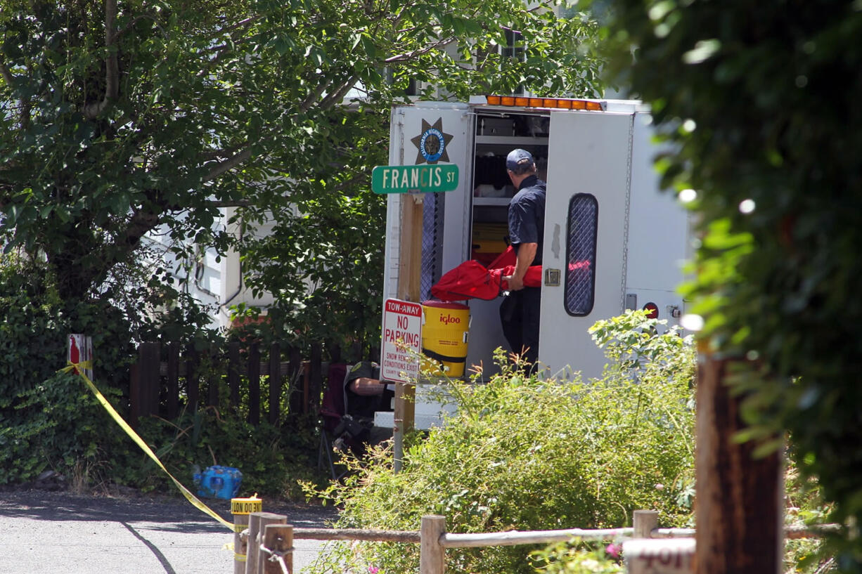 The California Highway Patrol assists other North State law enforcement agencies in Dunsmiur, Calif., on Monday after authorities shot and killed a carjacking suspect.