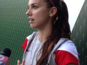 Portland Thorns forward Alex Morgan speaks with reporters at Providence Park in Portland, Ore., on Wednesday, Aug. 26, 2015. Morgan is healed from injuries and a minor surgical procedure as she looks forward to the World Cup-winning U.S.