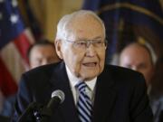 L. Tom Perry, the second-most senior member of the high-level Mormon governing body called the Quorum of the Twelve Apostles, speaks March 4 during a news conference at the Utah State Capitol, in Salt Lake City. Mormon church officials say Perry, one of the highest-ranking leaders of the faith, is headed to hospice as his cancer spreads aggressively.