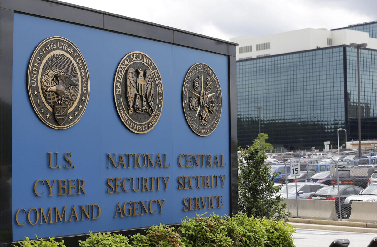 A sign stands outside the National Security Agency campus in Fort Meade, Md.