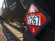 A warning placard on a tank car carrying crude oil near a loading terminal in Trenton, N.D.