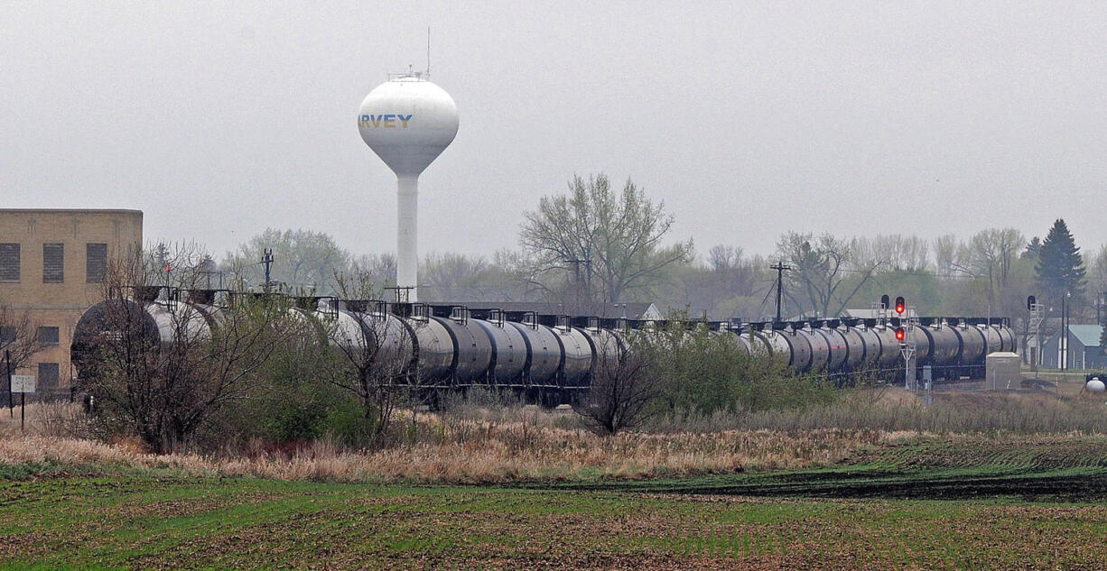 FILE - This May 6, 2015 file photo shows a line of oil tanker cars sit on the BNSF railroad tracks in Harvey, N.D. The U.S. oil industry is challenging new rules aimed at reducing the risk of catastrophic accidents involving crude moved by rail. The American Petroleum Institute petitioned the U.S. Circuit Court of Appeals in Washington, D.C. to block a requirement that railroad tank cars known to fail be phased out or upgraded. The petition filed late Monday, May 11, 2015, also challenges a requirement for more advanced braking systems on fuel-hauling trains.