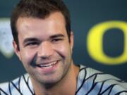 Oregon quarterback Jeff Lockie answers questions from the press during Media Day at Autzen Stadium in Eugene., Ore., on Monday, Aug. 10, 2015. The Ducks started their fall camp on Monday.