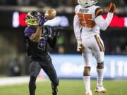 Washington's Jaydon Mickens makes a reception on a 54-yard touchdown during the first quarter as Oregon State safety Ryan Murphy defends during the first quarter Saturday, Nov. 22, 2104, in Seattle.