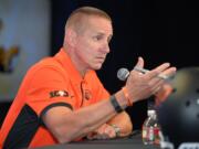 Oregon State head coach Gary Andersen speaks to reporters during Pac-12 Football Media Days, Thursday, July 30, 2015, in Burbank, Calif. (AP Photo/Mark J.