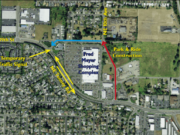 Clark County Public Works will make 10th Avenue and 139th Street around the Fred Meyer shopping complex in Salmon Creek one-way between mid-May and late August to improve safety and ease traffic around construction on the new interchange.