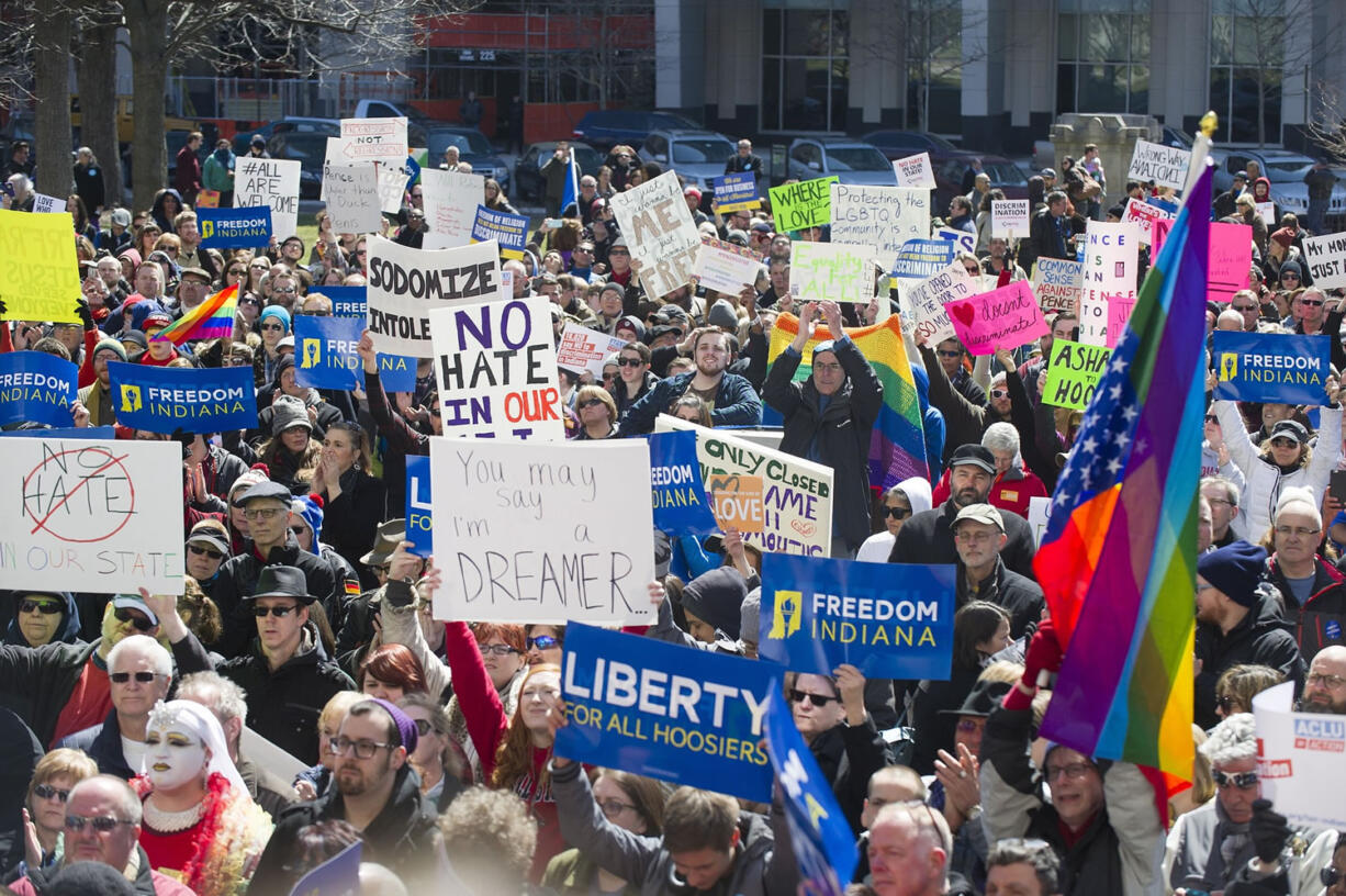 Opponents of Indiana Senate Bill 101, the Religious Freedom Restoration Act, gathered on the lawn of the Indiana State House on Saturday to rally against that legislation.