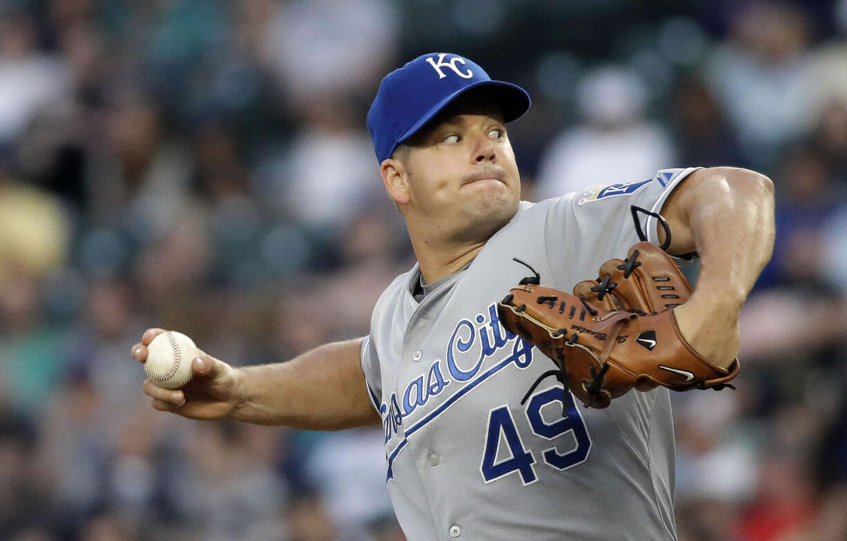 Kansas City Royals starting pitcher Joe Blanton pitched six-plus innings of two-hit ball to lead Kansas City to a 4-1 victory over the Seattle Mariners on Monday, June 22, 2015, in Seattle.