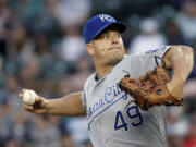 Kansas City Royals starting pitcher Joe Blanton pitched six-plus innings of two-hit ball to lead Kansas City to a 4-1 victory over the Seattle Mariners on Monday, June 22, 2015, in Seattle.