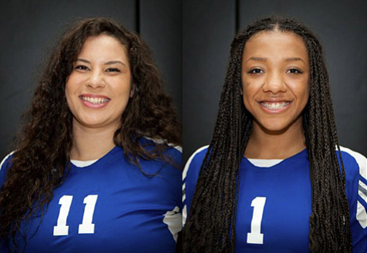 Vanessa Muckerheide, left, and Jazmyn Boyd-Clark of Clark College volleyball.