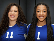 Vanessa Muckerheide, left, and Jazmyn Boyd-Clark of Clark College volleyball.