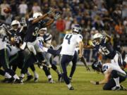 Seattle Seahawks kicker Steven Hauschka (4) boots a field goal against the San Diego Chargers during the second half of a preseason NFL football game Saturday, Aug. 29, 2015, in San Diego.