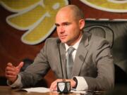 University of Oregon head coach Mark Helfrich talks with the media about the 2015 recruiting class inside the Hatfield-Dowlin Complex in Eugene, Ore., Wednesday, Feb. 4, 2015.