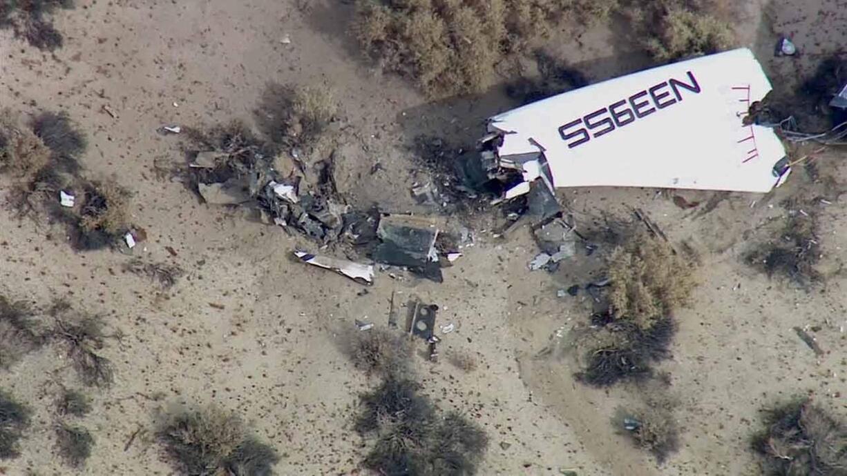 This image from video by KABC TV Los Angeles shows wreckage of what is believed to be SpaceShipTwo in Southern California's Mojave Desert on Friday.