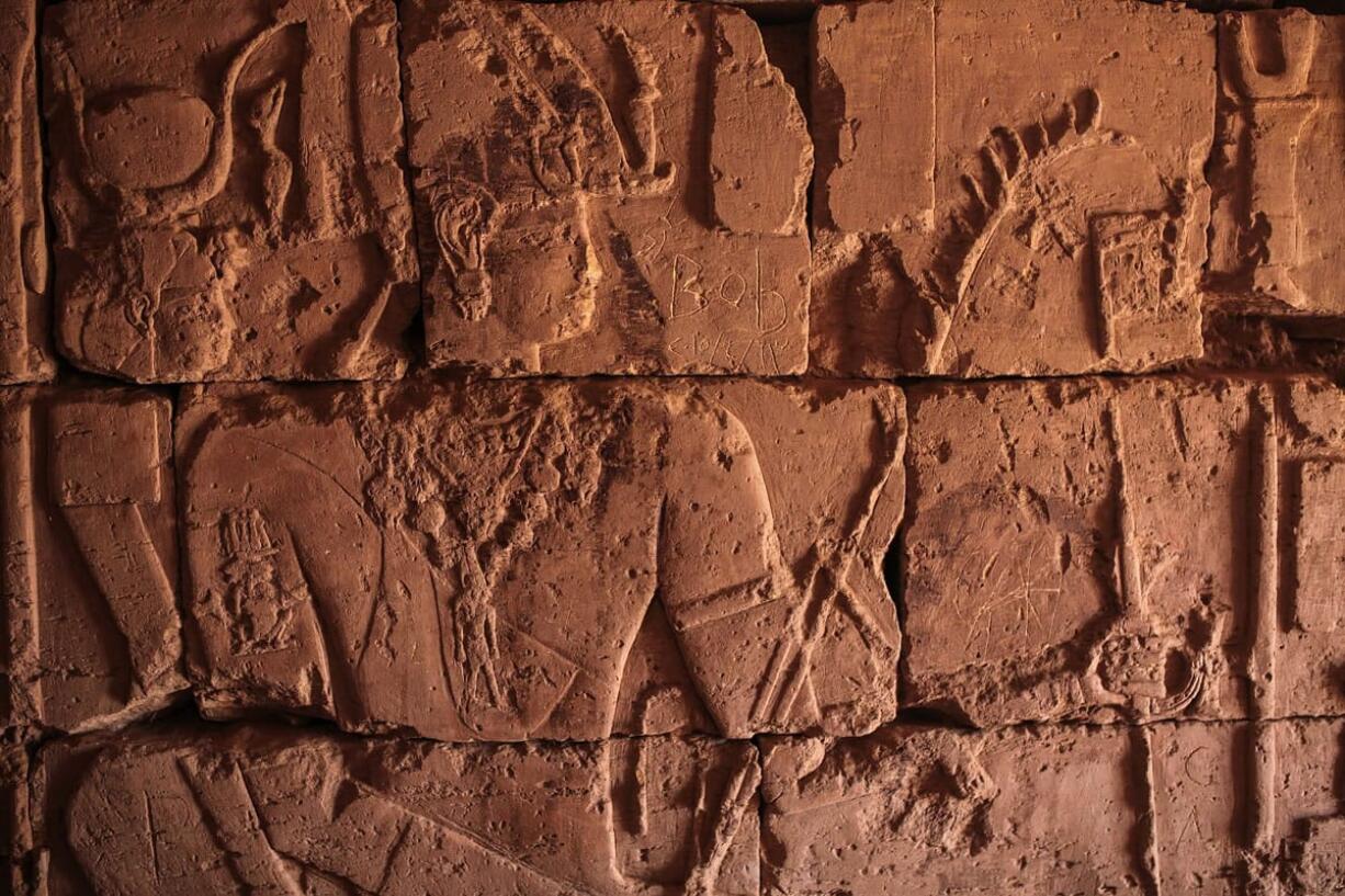 Hieroglyphics inside a room at the historic Meroe pyramids are a sign of the influence of ancient Egyptian civilization on the Sudanese Meroite kingdom, in al-Bagrawiya, 125 miles north of Khartoum, Sudan.