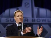 NFL Commissioner Roger Goodell participates in a news conference for Super Bowl XLIX on Friday, Jan.