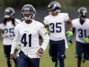 Seattle Seahawks' Byron Maxwell (41) runs drills during a team practice for Super Bowl XLIX, Thursday, Jan. 29, 2015, in Tempe, Ariz. The Seahawks play the New England Patriots in Super Bowl XLIX on Sunday, Feb.