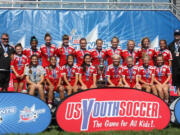 Washington Timbers G97 Green girls soccer team of Vancouver at the awards ceremony for winning the under-17 National Presidents Cup title on Sunday, July 12, 2015, at Overland Park, Kansas.