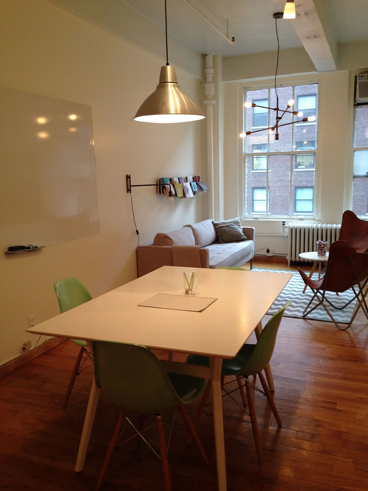 This May 31, 2014 image shows the interior of a space in Manhattan near Penn Station available for $25 an hour from Breather, an app that rents private commercial spaces where travelers can imeet, work or resti for 30 minutes to several hours at a time. Reservations can be made via the app on iPhone and Android devices, or online. The service is an alternative to crowded, noisy public spaces like cafes or train stations.