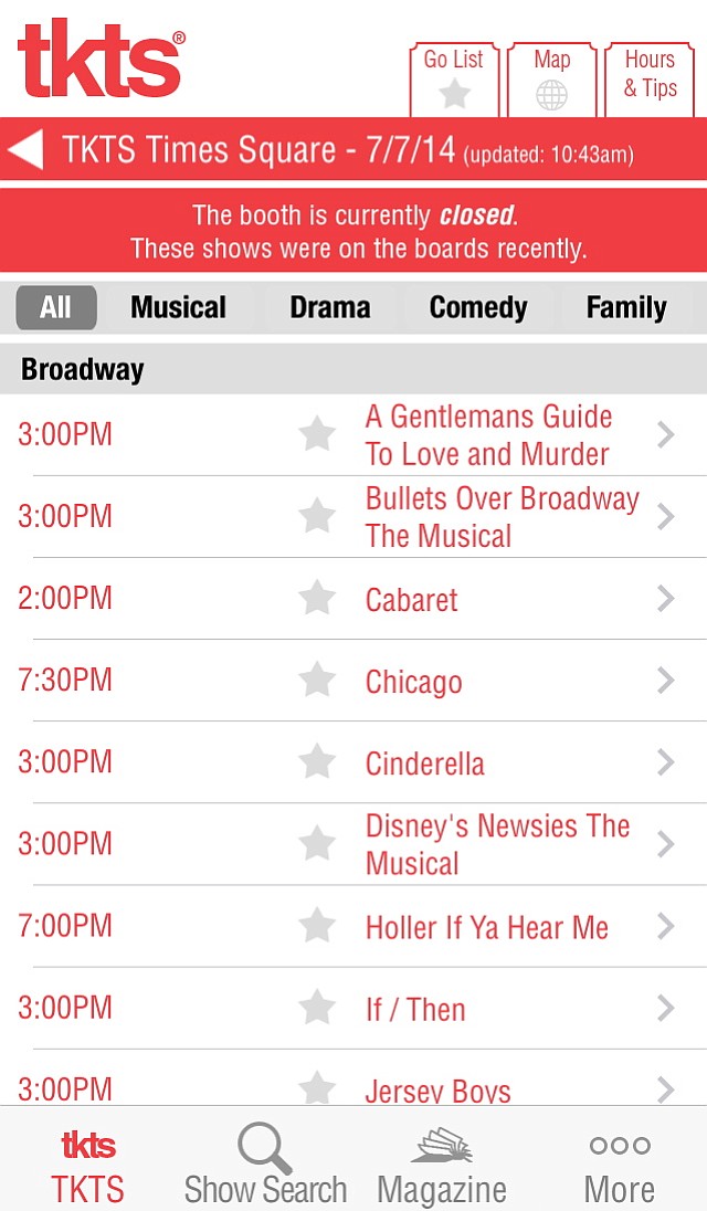 TKTS
The TKTS app lists which New York City live theater shows offer discounted tickets for that night.