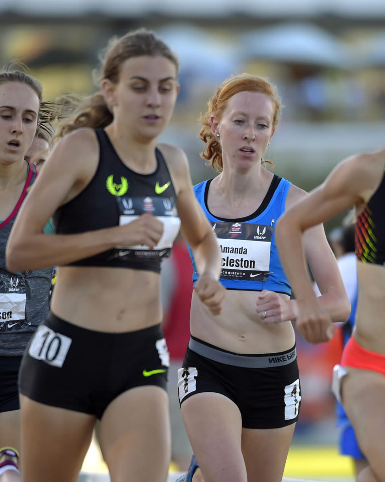 Alexa Efraimson of Camas, far left, trails mary Cain during their heat of the women's 1,500 meters at the U.S.