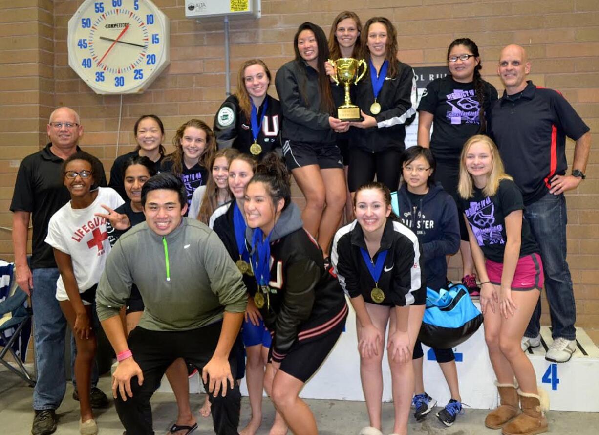 Union High School swim team after winning the 4A district meet on Saturday, Nov. 8, 2014, at Kelso.