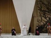 Pope Francis, center, delivers his message during a private audience with participants to the course promoted by the Penitentiary Apostolic Tribunal, in the Paul VI hall at the Vatican, on Thursday.