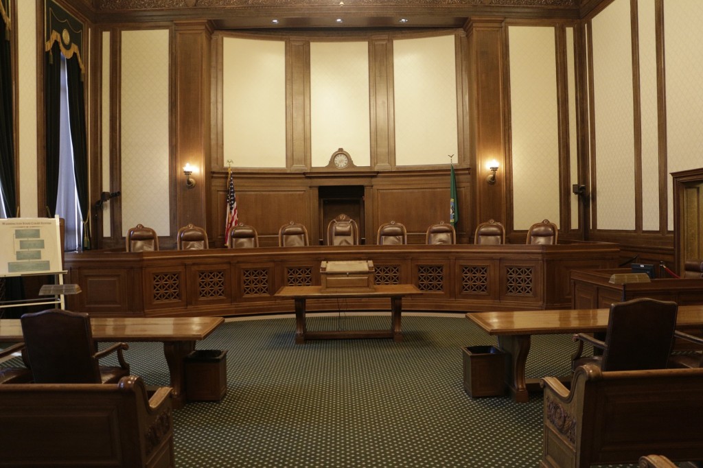 The chambers of the Washington state Supreme Court sit empty in Olympia.