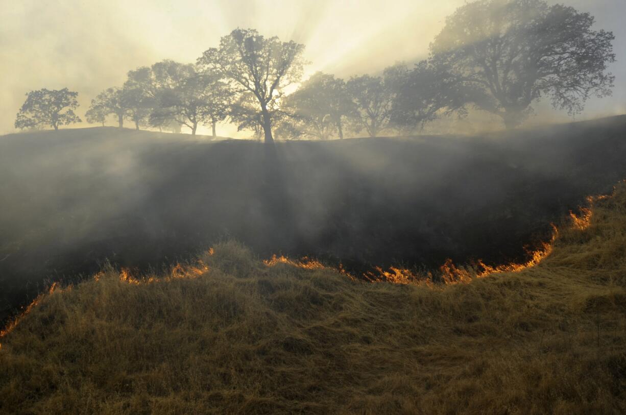 A fire moves up a canyon in Antioch, Calif., on Wednesday.