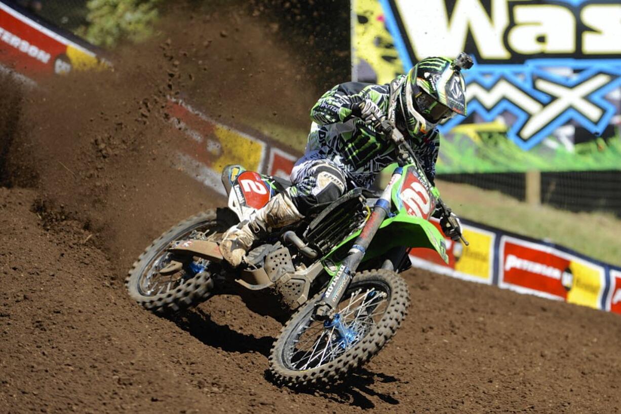 Ryan Villopoto races ahead of the field in the 450 class at the Lucas Oil Pro Motocross Championships in Washougal on Saturday, July 20, 2013.