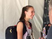 Camas High School junior Alexa Efraimson talks with the media after winning the 1500 meters at the U.S.A.