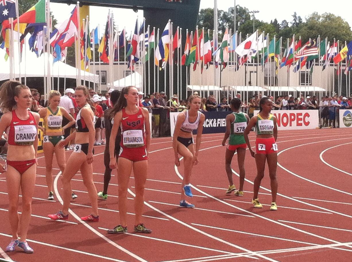 Alexa Efraimson of Camas warms up on the track just before the 1,500 meter finals Sunday at the IAAF World Junior Championships in Eugene, Ore.