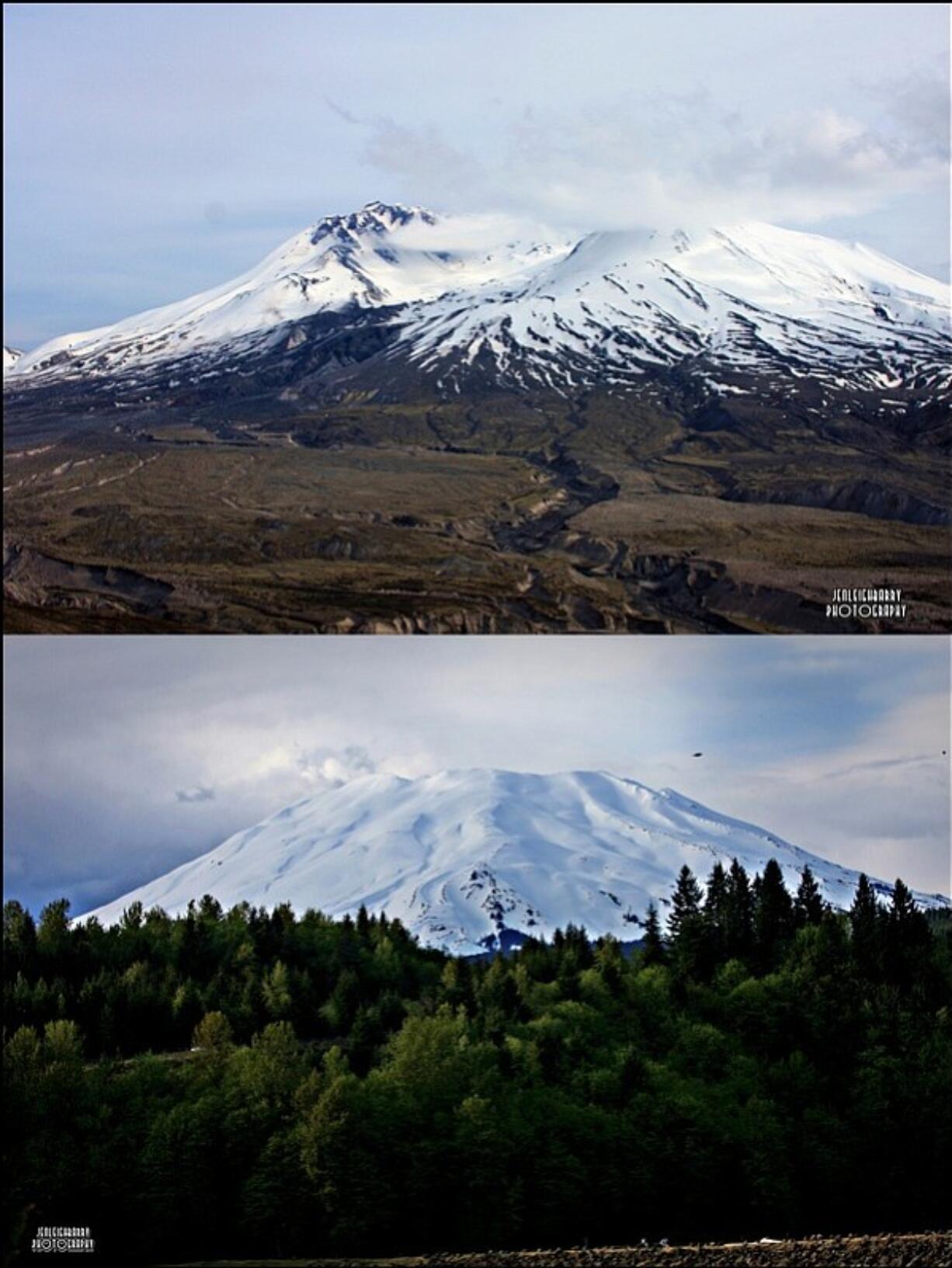 The photo I am submitting shows the north and south side of the mountain from the past two weeks. Interesting to see how the south side does not show any sign of the eruption.